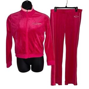 JUICY COUTURE HOT PINK FLAMINGO STRIPES SILVER GLITTER LOGO VELOUR TRACKSUIT NWT